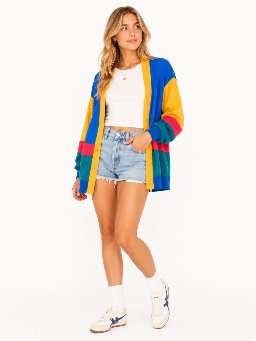 Vintage Bay Club Colorblock Cardigan 80s 90s Oversized Sweater Made USA L